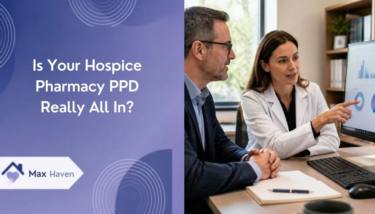 Hospice leader reviewing all-in pharmacy PPD costs, medication spending, and pharmacy fees on a dashboard